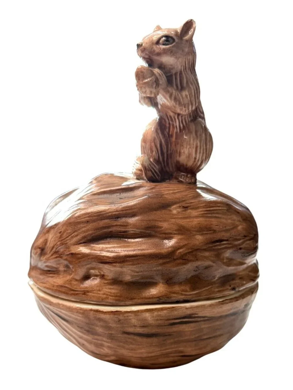 Vintage Ceramic Squirrel on Walnut Lidded Dish - Mid-Century Candy Bowl, Woodlan